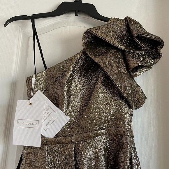 Nwt Mac Duggal One Shoulder Bow Midi Dress in Antique Bronze - Picture 9 of 13
